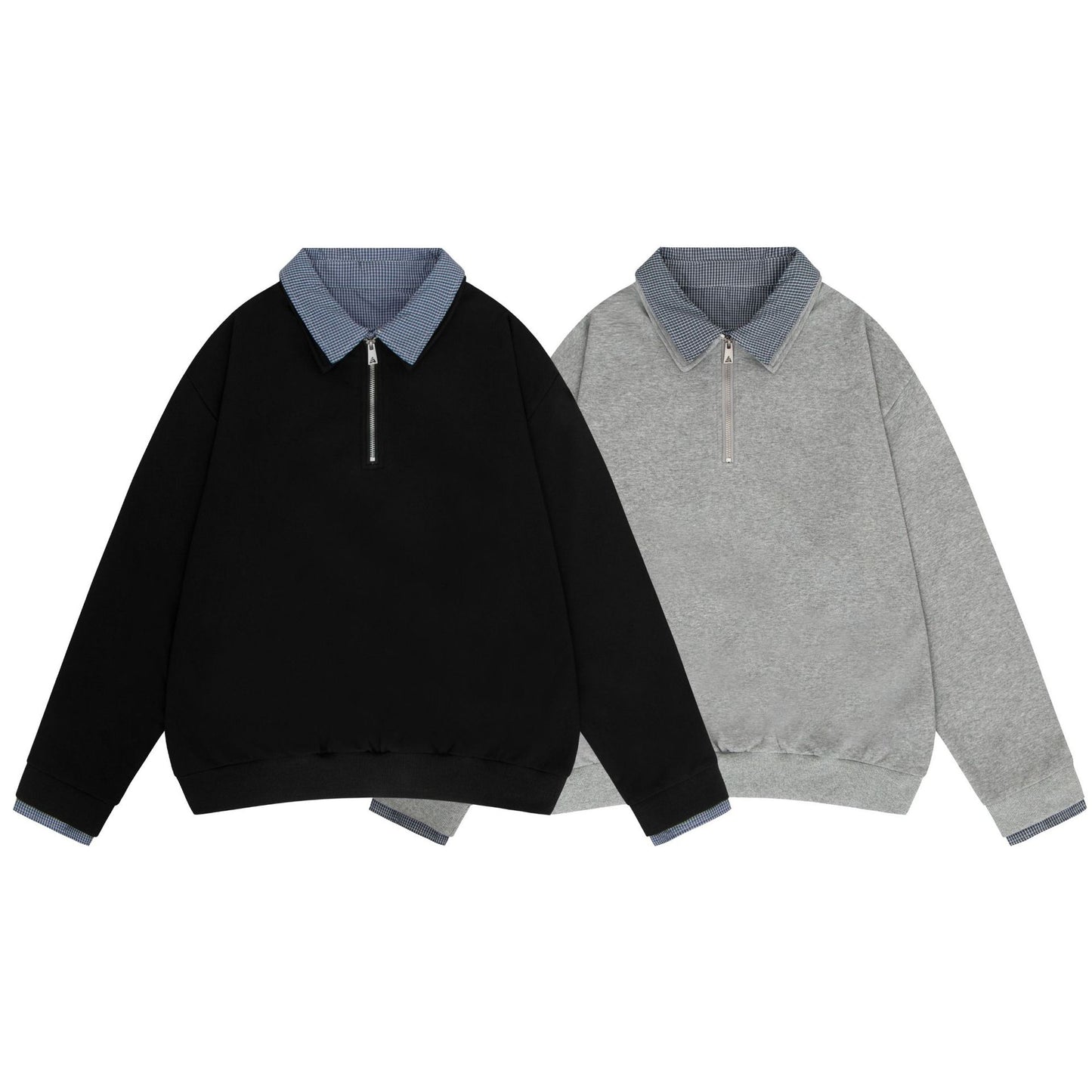 Vintage Double-Layer Collar Unisex Mock Two-Piece Plaid Heavyweight Design Premium Men's Turn-Down Collar Long Sleeve T-Shirt