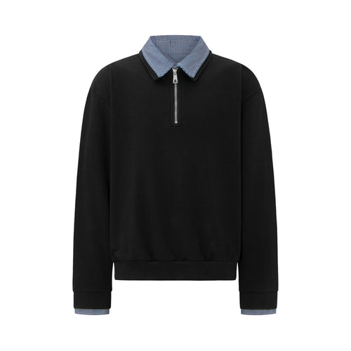 Vintage Double-Layer Collar Unisex Mock Two-Piece Plaid Heavyweight Design Premium Men's Turn-Down Collar Long Sleeve T-Shirt