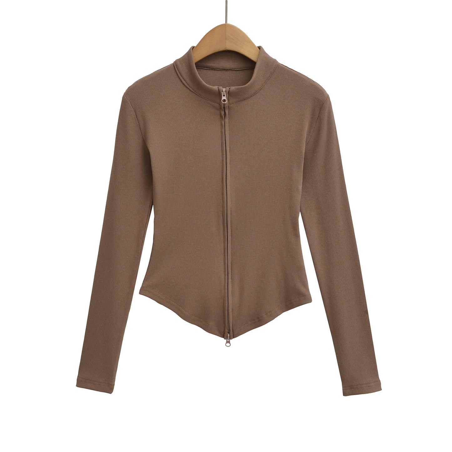 Stand up collar zipper long sleeved slim fit short top jacket