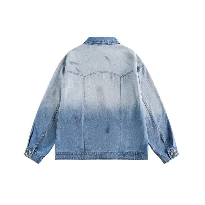 Streetwear Chrysanthemum Embroidery Loose Washed Gradient Denim Jacket for Couples