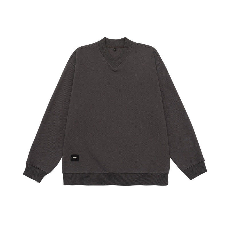 V-neck Pullover Basic Shirt Loose Embroidered Logo Sleeve Sweatshirt