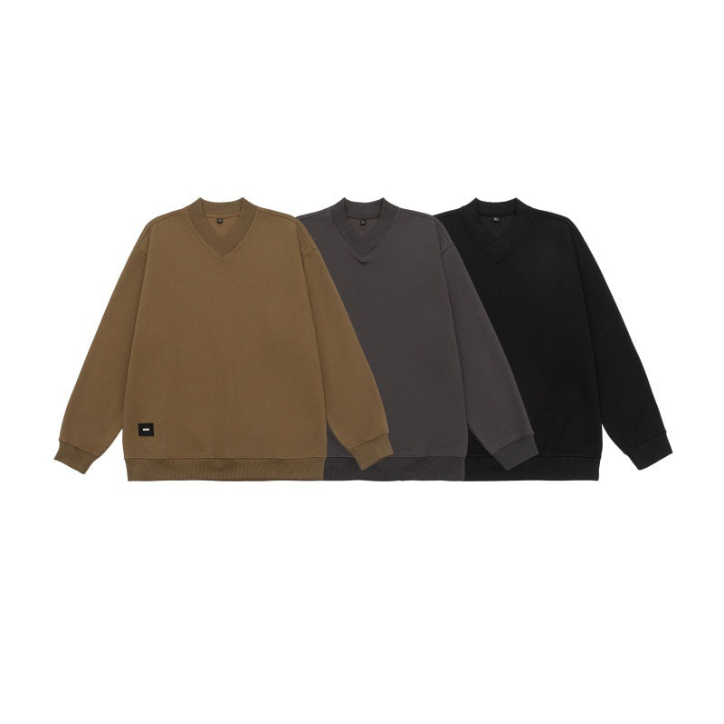 V-neck Pullover Basic Shirt Loose Embroidered Logo Sleeve Sweatshirt