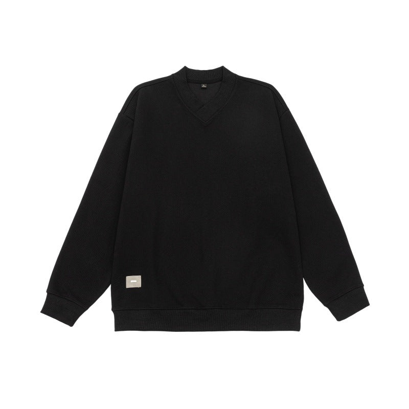 V-neck Pullover Basic Shirt  Loose Embroidered Logo Sleeve Sweatshirt