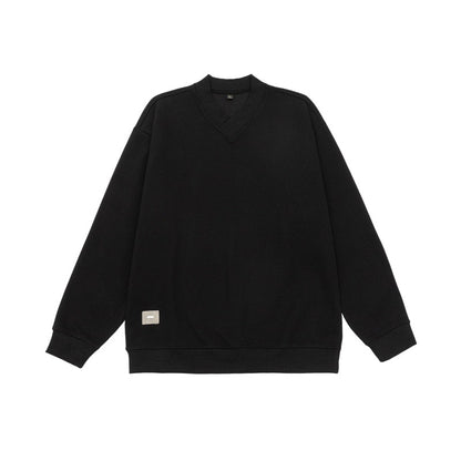 V-neck Pullover Basic Shirt  Loose Embroidered Logo Sleeve Sweatshirt