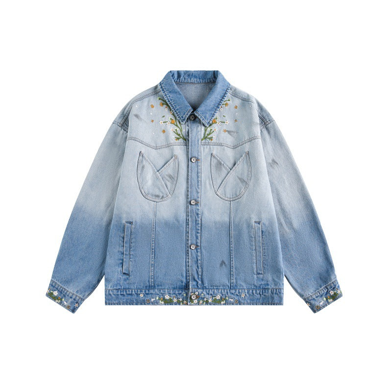 Streetwear Chrysanthemum Embroidery Loose Washed Gradient Denim Jacket for Couples