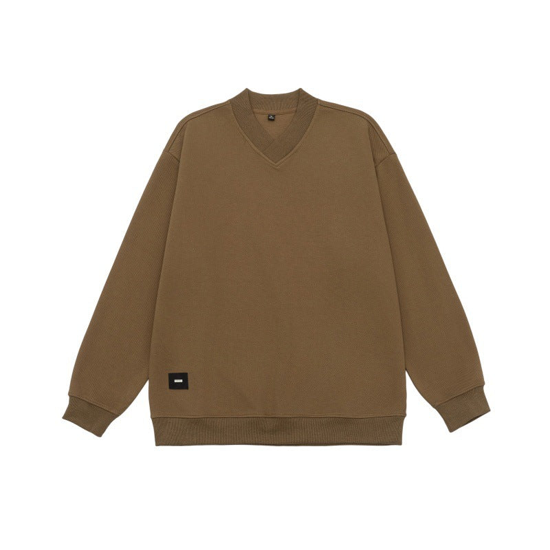 V-neck Pullover Basic Shirt  Loose Embroidered Logo Sleeve Sweatshirt