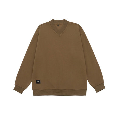 V-neck Pullover Basic Shirt  Loose Embroidered Logo Sleeve Sweatshirt