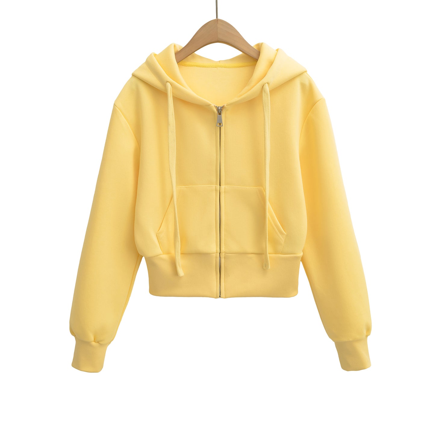 Drawstring hooded zipper long sleeved short casual cardigan women's hoodie