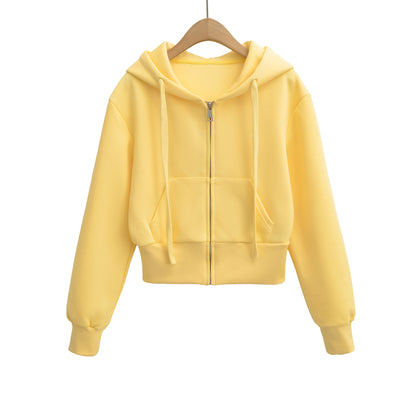 Drawstring hooded zipper long sleeved short casual cardigan women's hoodie
