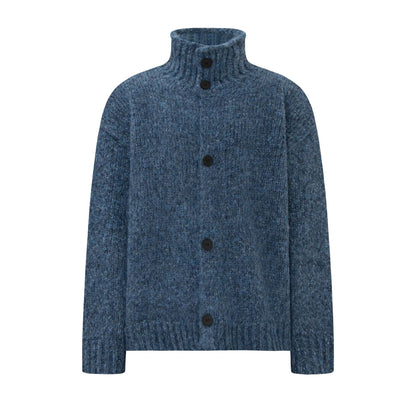 Casual Minimalist Solid Color Unisex Knit Cardigan Men's Streetwear Loose High Neck Sweater