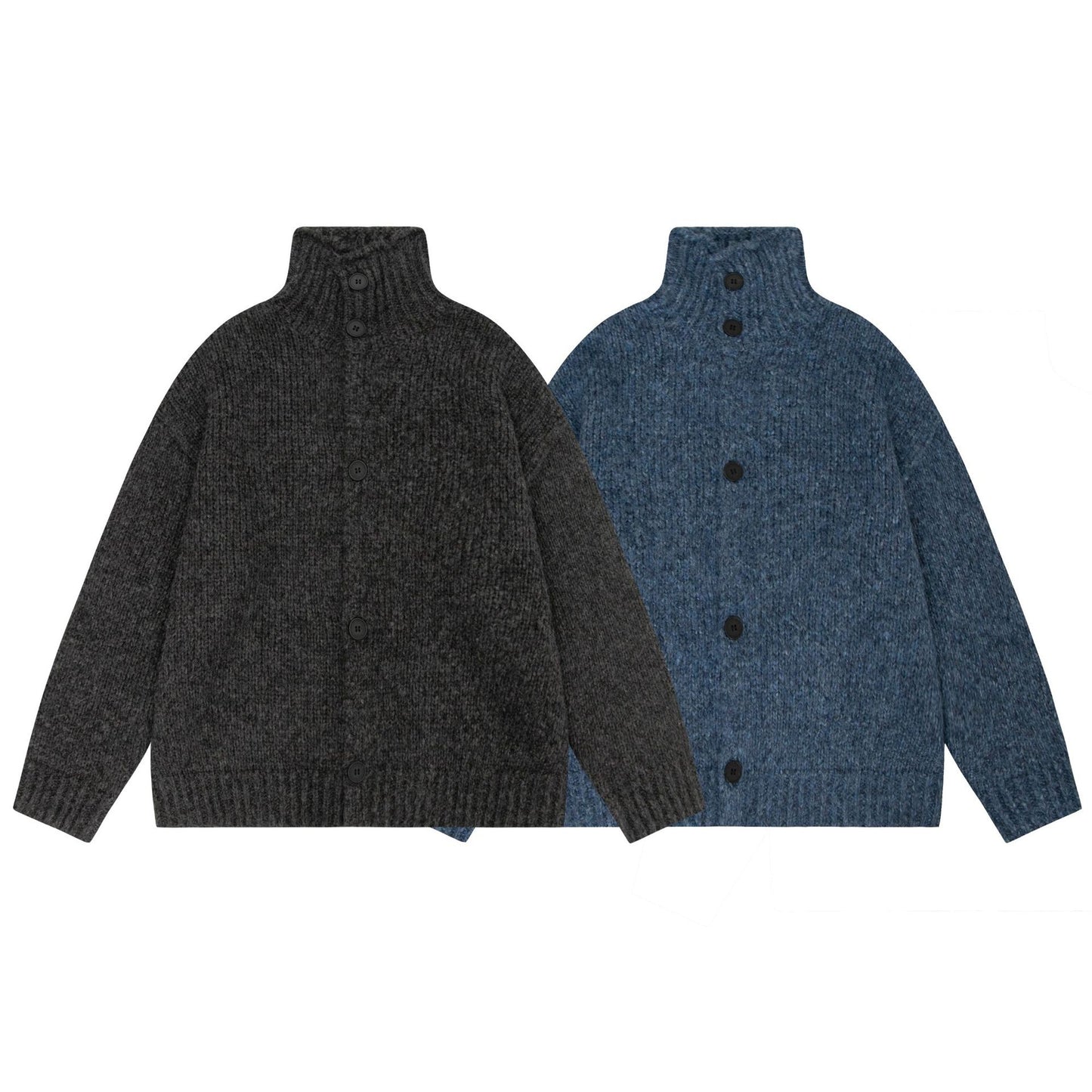 Casual Minimalist Solid Color Unisex Knit Cardigan Men's Streetwear Loose High Neck Sweater