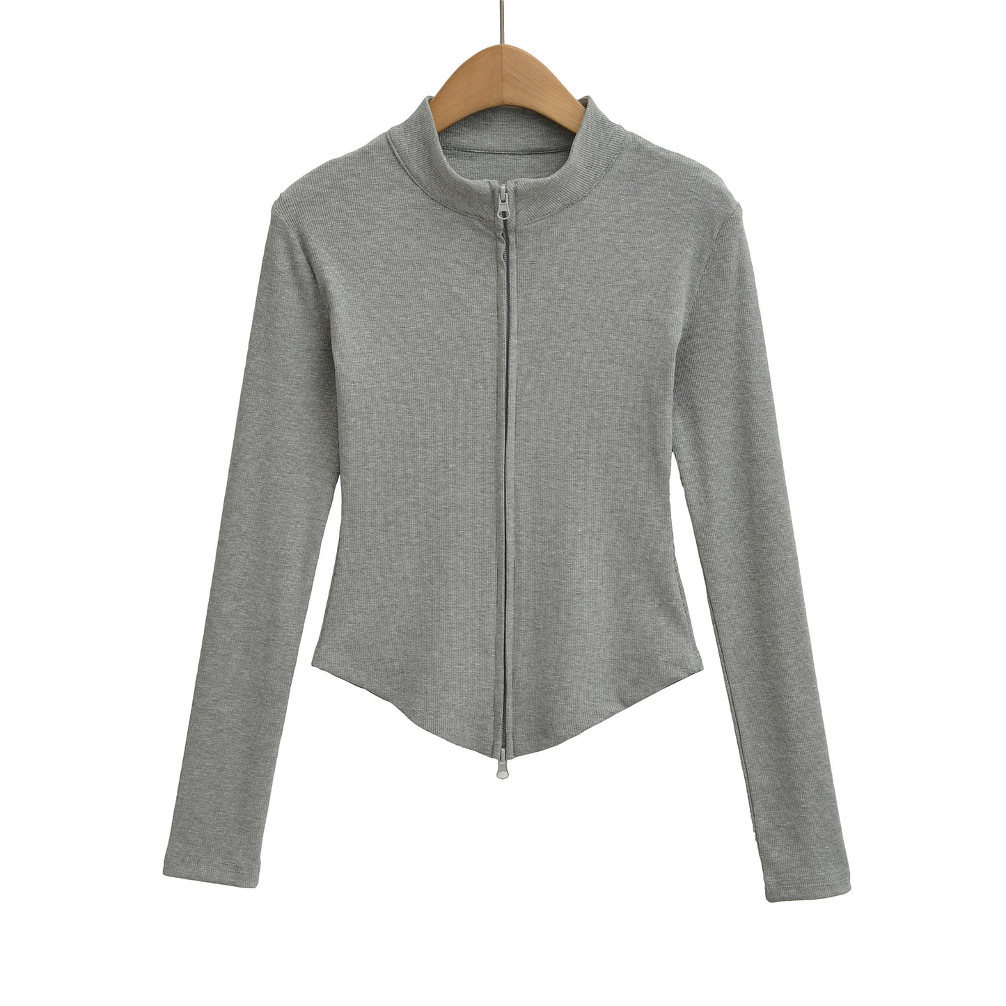 Stand up collar zipper long sleeved slim fit short top jacket