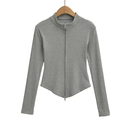 Stand up collar zipper long sleeved slim fit short top jacket