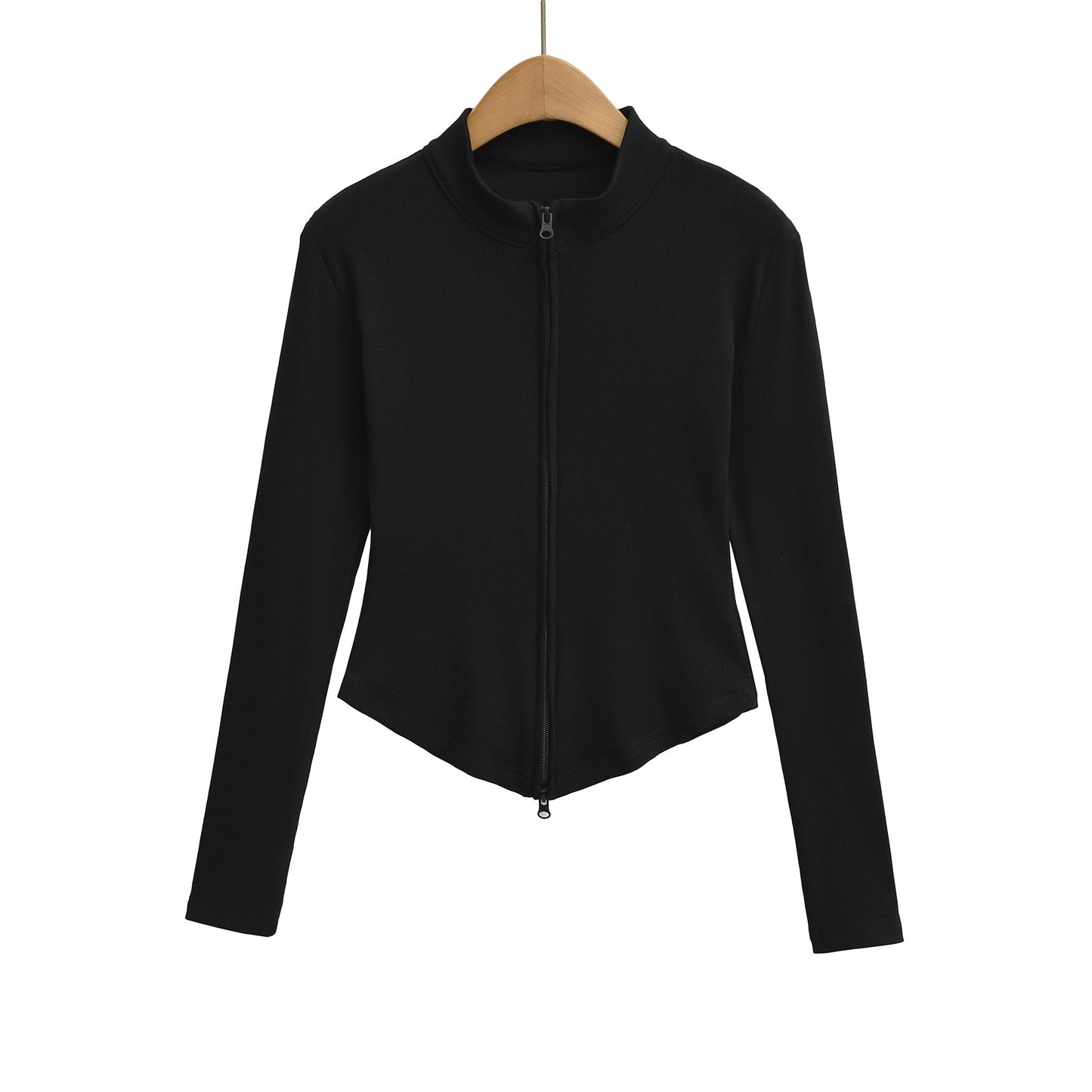 Stand up collar zipper long sleeved slim fit short top jacket