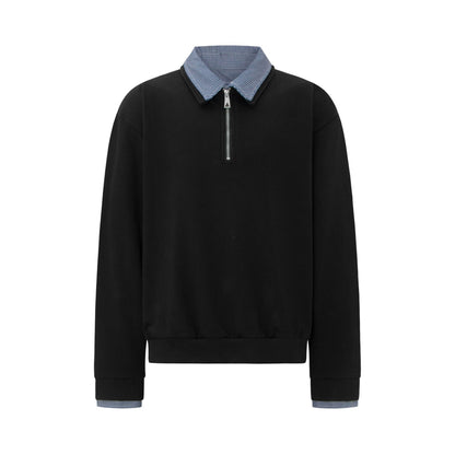 Vintage Double-Layer Collar Unisex Mock Two-Piece Plaid Heavyweight Design Premium Men's Turn-Down Collar Long Sleeve T-Shirt