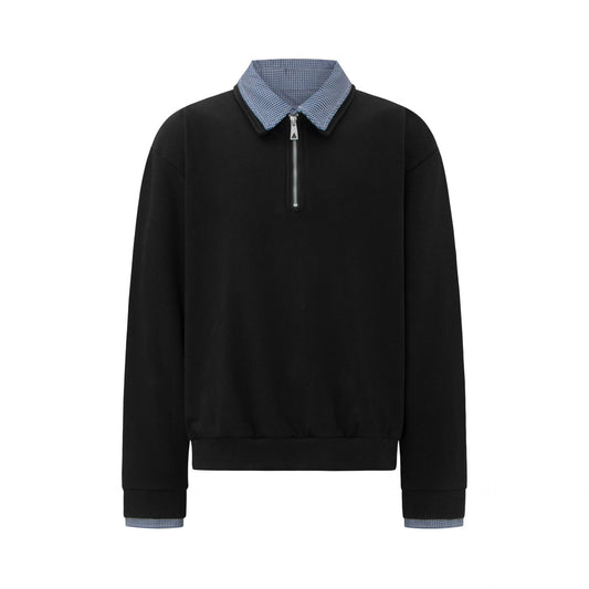 Vintage Double-Layer Collar Unisex Mock Two-Piece Plaid Heavyweight Design Premium Men's Turn-Down Collar Long Sleeve T-Shirt