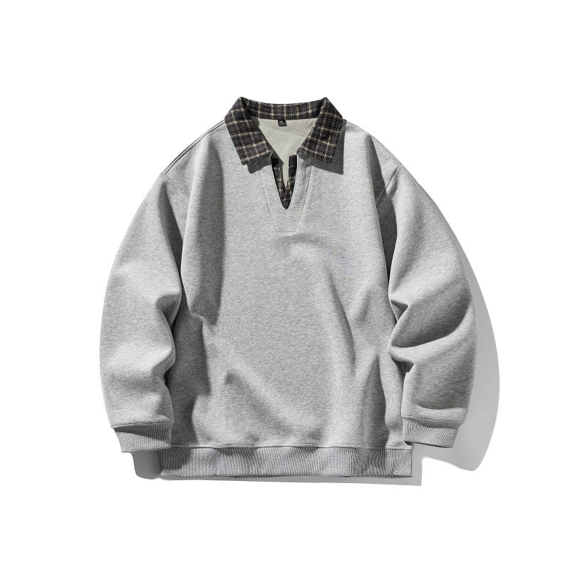 Fake Two-Piece Plaid Spliced Polo Neck Loose Long Sleeve Hoodie