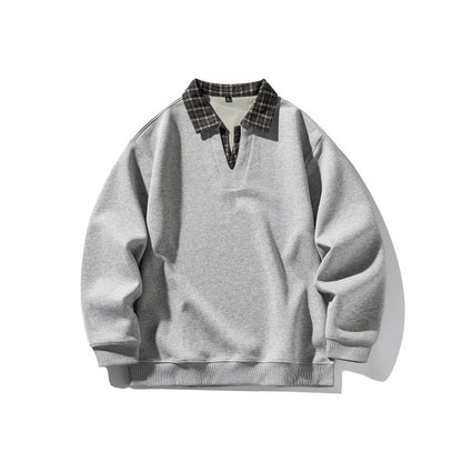 Fake Two-Piece Plaid Spliced Polo Neck Loose Long Sleeve Hoodie