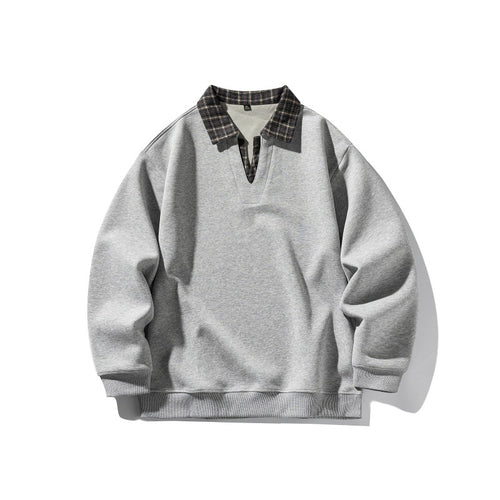 Fake Two-Piece Plaid Spliced Polo Neck Loose Long Sleeve Hoodie
