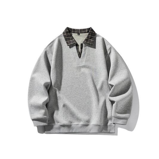 Fake Two-Piece Plaid Spliced Polo Neck Loose Long Sleeve Hoodie