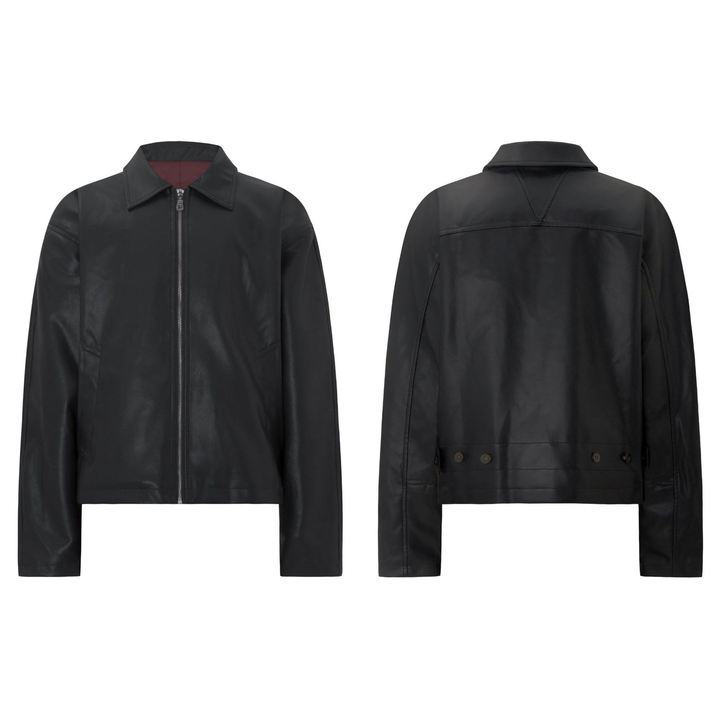 Street Style Vintage Burgundy Deconstructed PU Leather Jacket Men's Short Wide Cut Outerwear