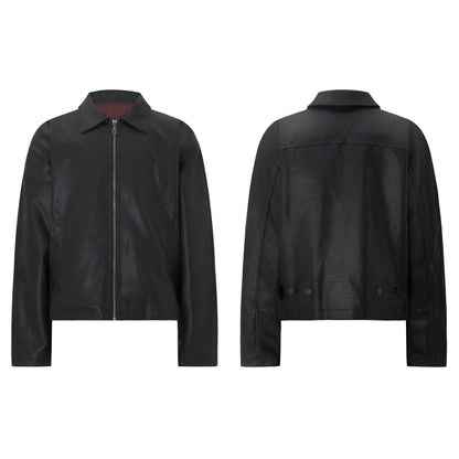 Street Style Vintage Burgundy Deconstructed PU Leather Jacket Men's Short Wide Cut Outerwear