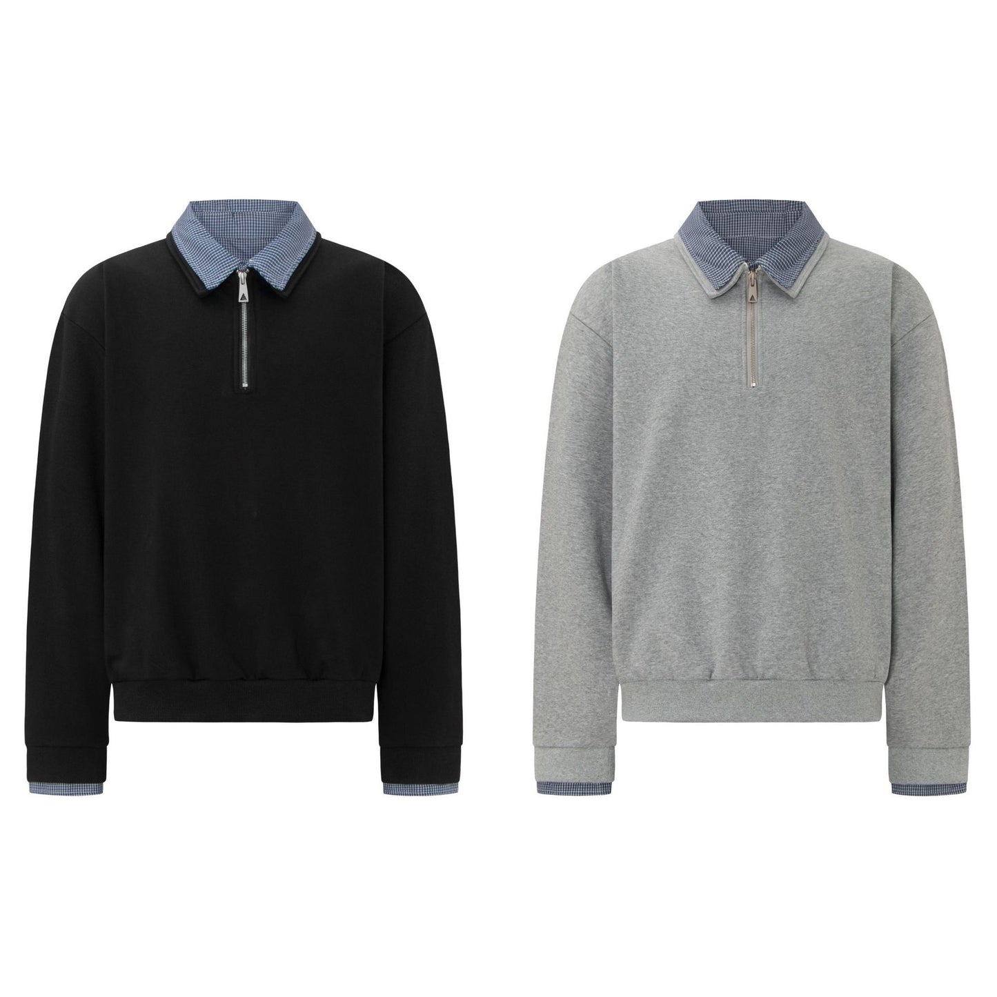 Vintage Double-Layer Collar Unisex Mock Two-Piece Plaid Heavyweight Design Premium Men's Turn-Down Collar Long Sleeve T-Shirt