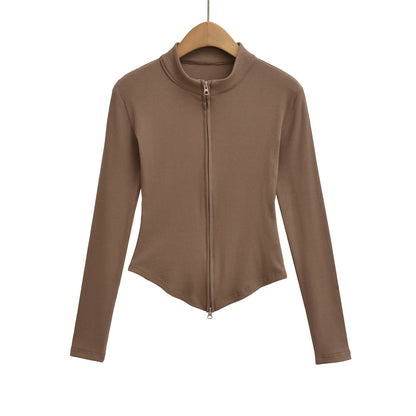 Stand up collar zipper long sleeved slim fit short top jacket