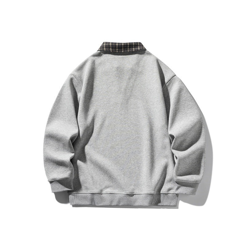 Fake Two-Piece Plaid Spliced Polo Neck Loose Long Sleeve Hoodie