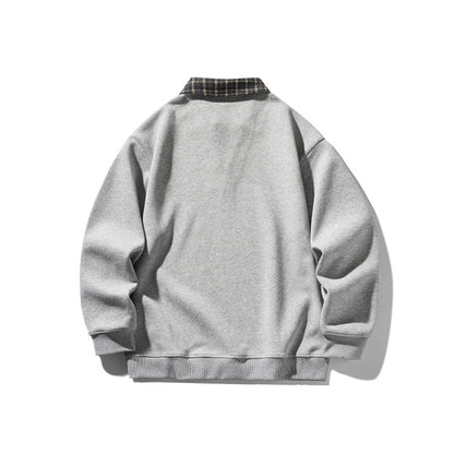 Fake Two-Piece Plaid Spliced Polo Neck Loose Long Sleeve Hoodie