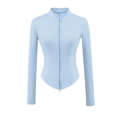 Stand up collar zipper long sleeved slim fit short top jacket