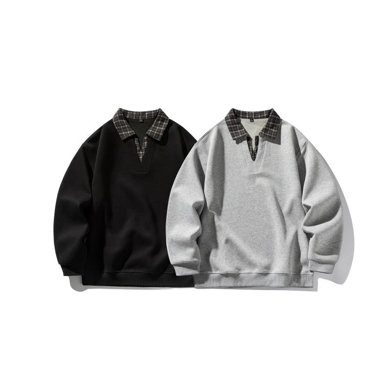 Fake Two-Piece Plaid Spliced Polo Neck Loose Long Sleeve Hoodie