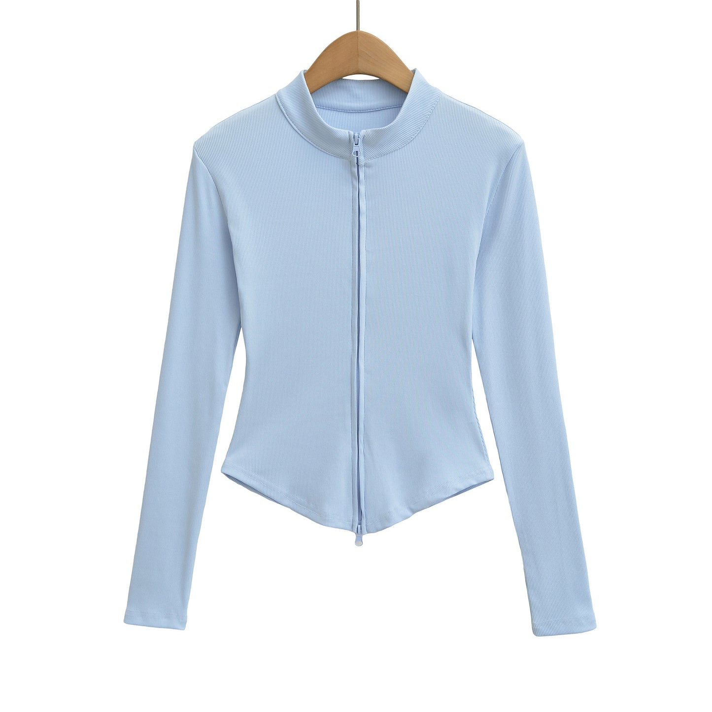 Stand up collar zipper long sleeved slim fit short top jacket