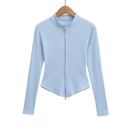 Stand up collar zipper long sleeved slim fit short top jacket