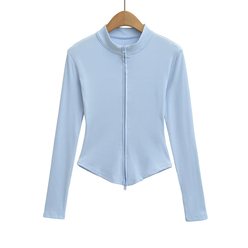 Stand up collar zipper long sleeved slim fit short top jacket