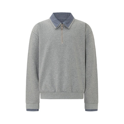 Vintage Double-Layer Collar Unisex Mock Two-Piece Plaid Heavyweight Design Premium Men's Turn-Down Collar Long Sleeve T-Shirt