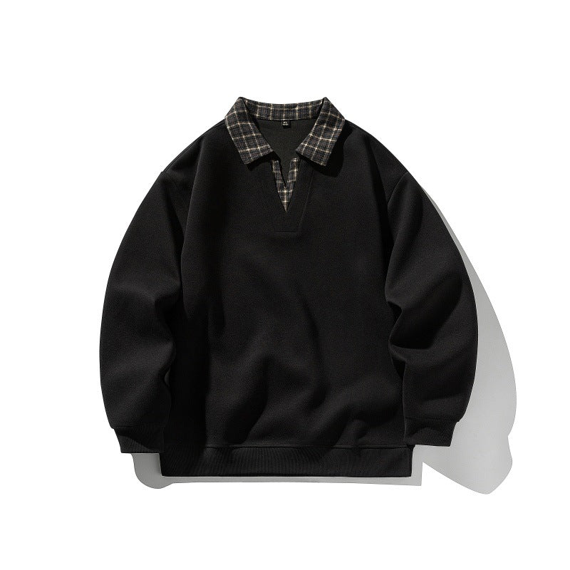 Fake Two-Piece Plaid Spliced Polo Neck Loose Long Sleeve Hoodie