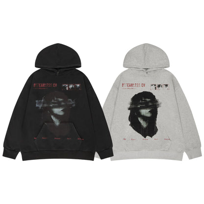 Vintage Trendy Heavyweight Composite Washed Character Print Men's Hooded Loose Hoodie