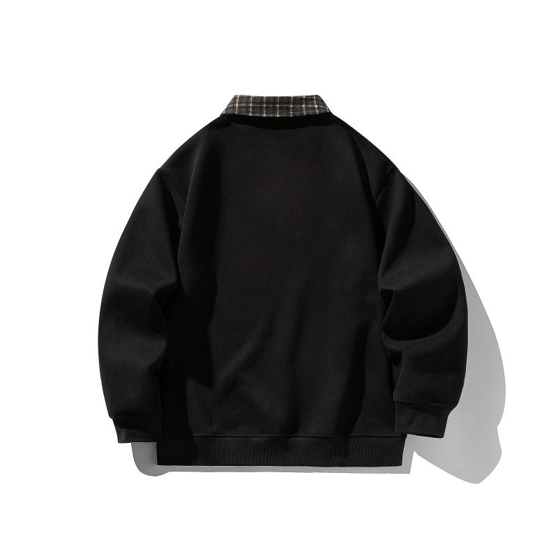 Fake Two-Piece Plaid Spliced Polo Neck Loose Long Sleeve Hoodie