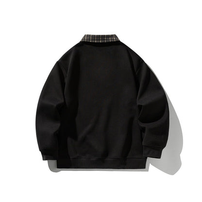 Fake Two-Piece Plaid Spliced Polo Neck Loose Long Sleeve Hoodie
