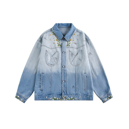 Streetwear Chrysanthemum Embroidery Loose Washed Gradient Denim Jacket for Couples