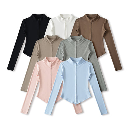 Stand up collar zipper long sleeved slim fit short top jacket