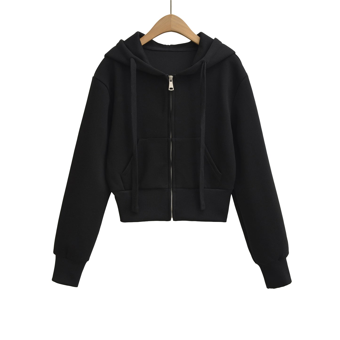 Drawstring hooded zipper long sleeved short casual cardigan women's hoodie