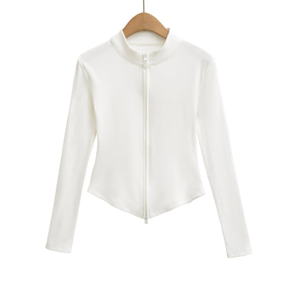 Stand up collar zipper long sleeved slim fit short top jacket