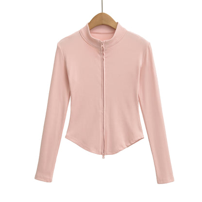 Stand up collar zipper long sleeved slim fit short top jacket