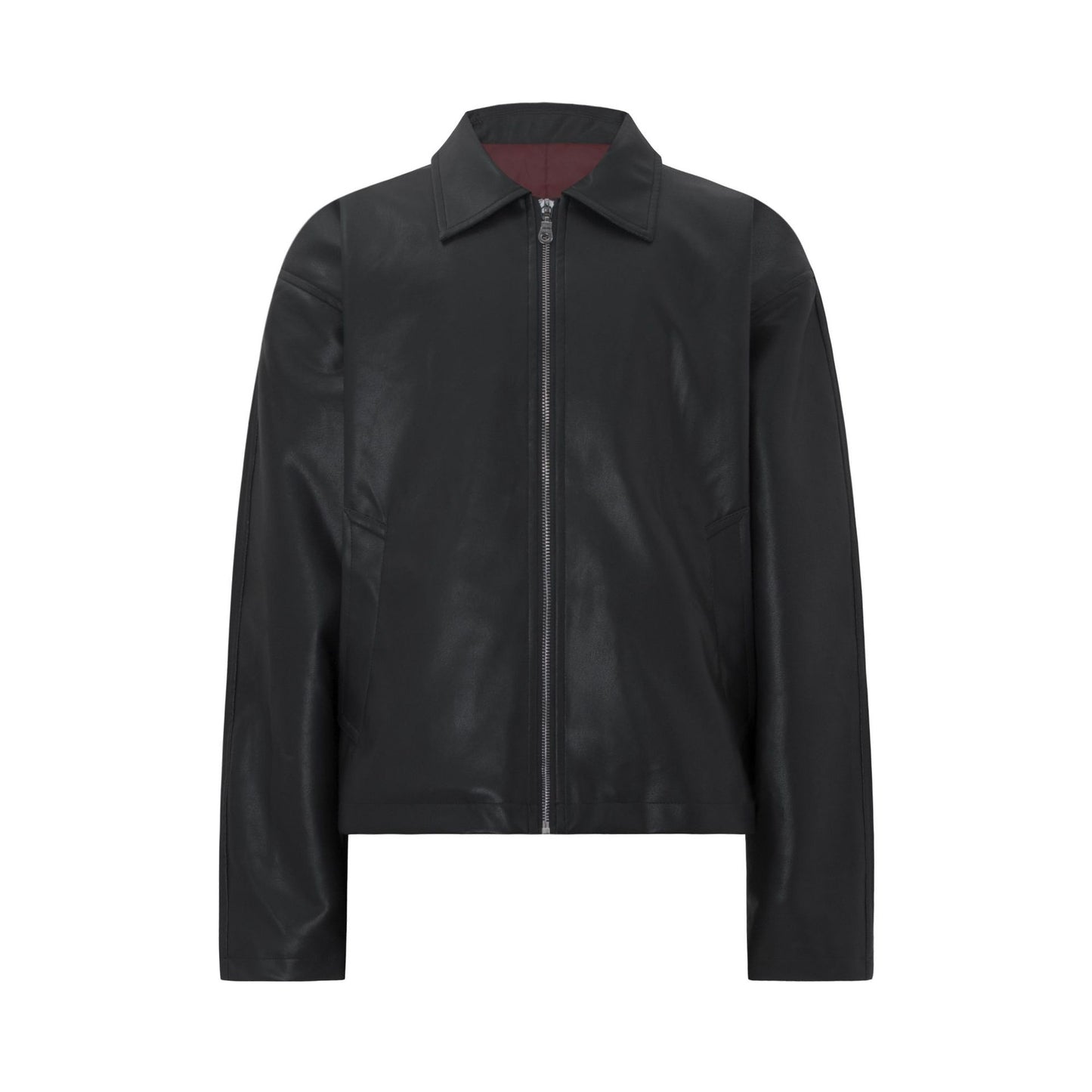 Street Style Vintage Burgundy Deconstructed PU Leather Jacket Men's Short Wide Cut Outerwear