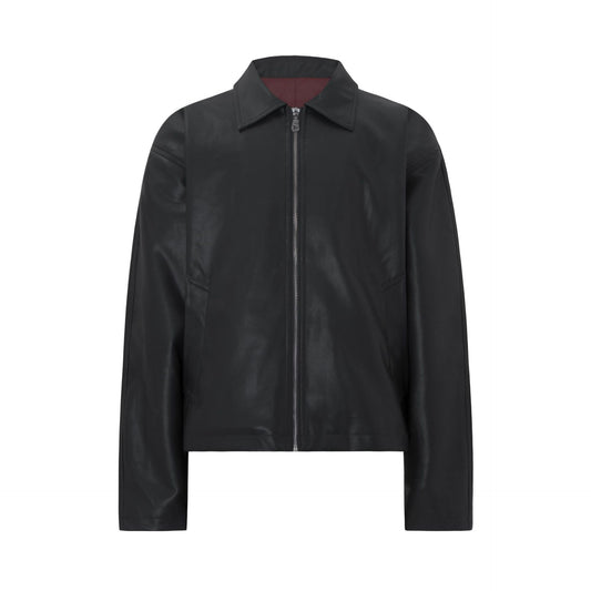 Street Style Vintage Burgundy Deconstructed PU Leather Jacket Men's Short Wide Cut Outerwear