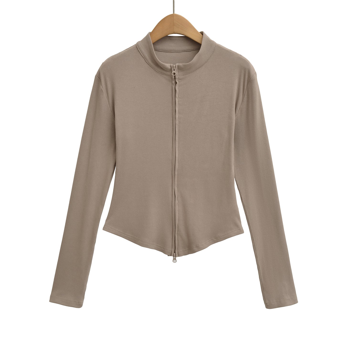 Stand up collar zipper long sleeved slim fit short top jacket