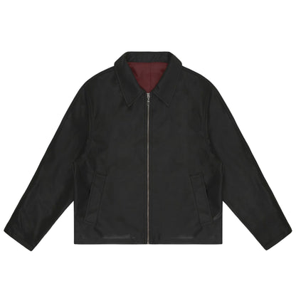 Street Style Vintage Burgundy Deconstructed PU Leather Jacket Men's Short Wide Cut Outerwear